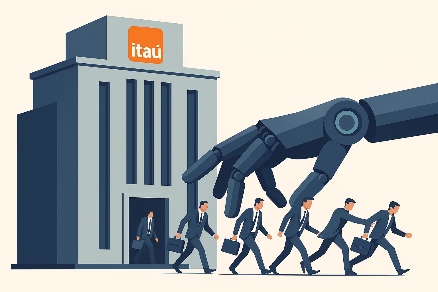 Braço mecânico simbolizando software de monitoramento retirando executivos de dentro de um prédio de banco, representando demissões em massa.